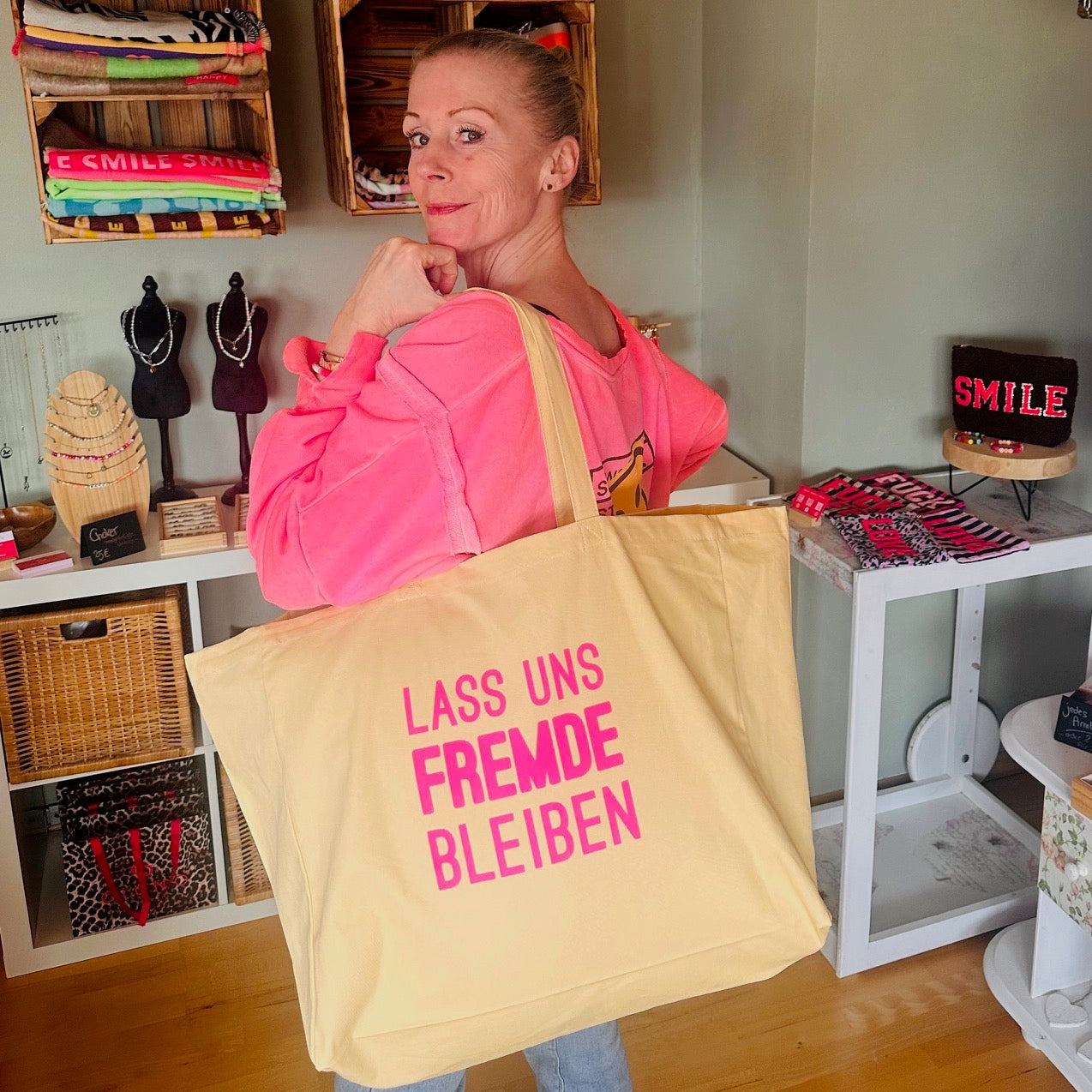 XL-Beachbag "FREMDE" Apricot mit NEON-Print