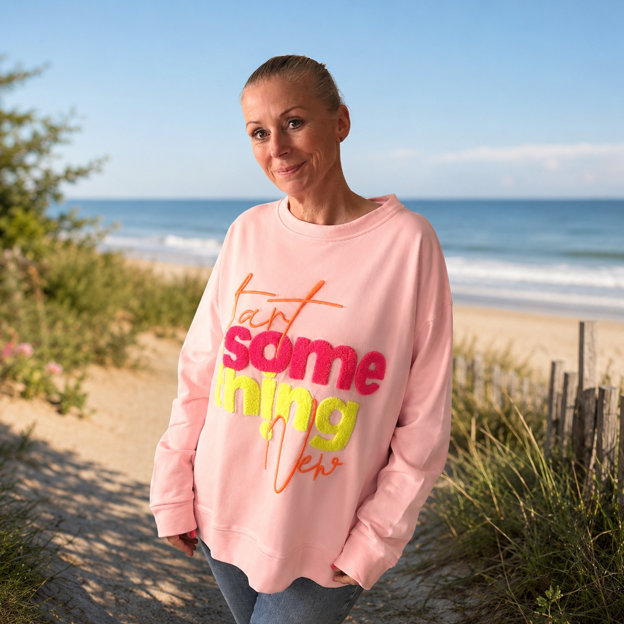 Sweater "StartSOMETHINGnew" in rosa mit NEON-Stick