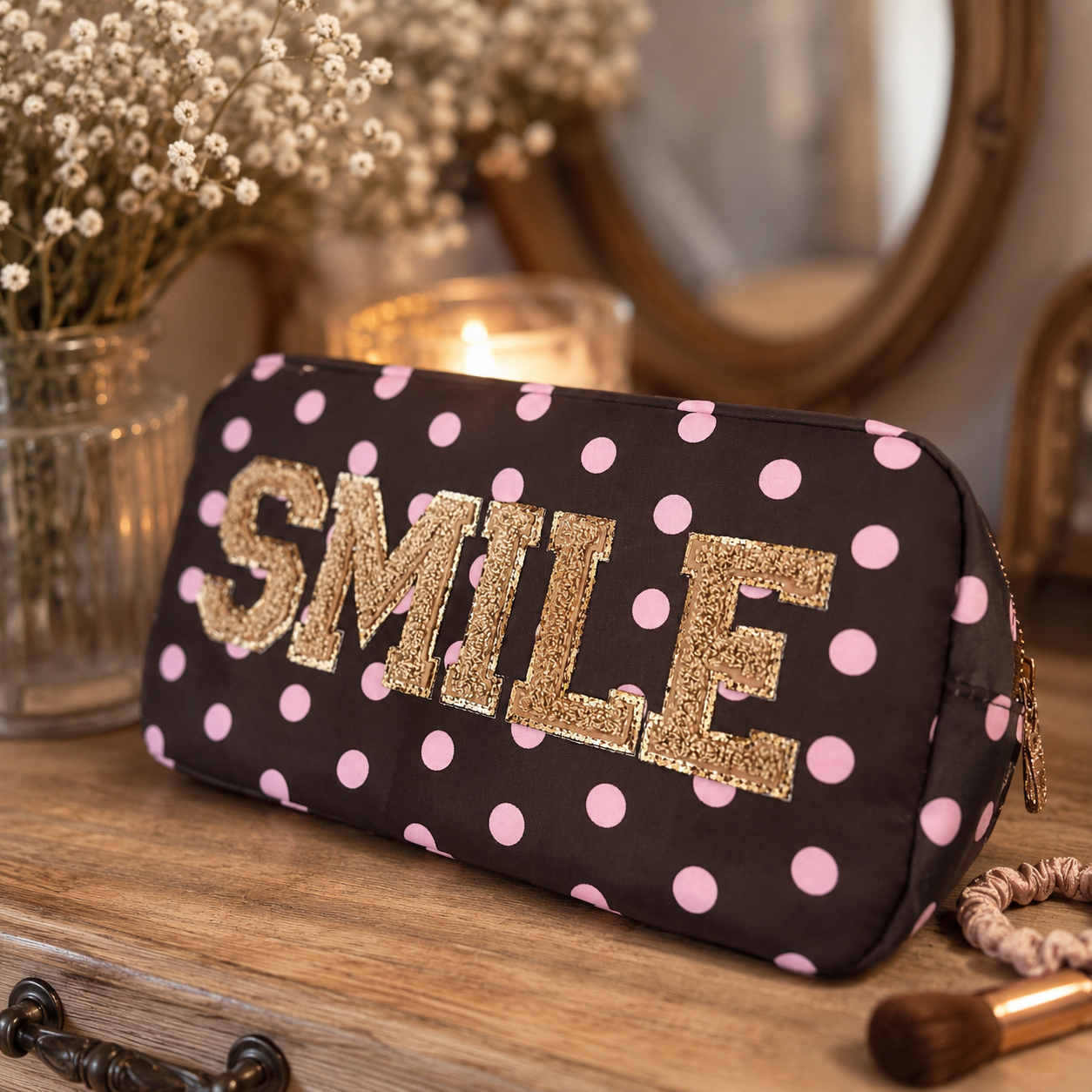 Kunterbunte Kosmetiktasche "smile" (braun/beige-rosa)