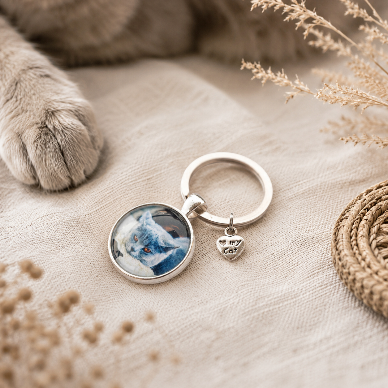 Personalisierter Schlüsselanhänger mit Foto deiner Katze, Herzanhänger „I love my cat“ . Handgefertigtes Geschenk für Katzenliebhaber.