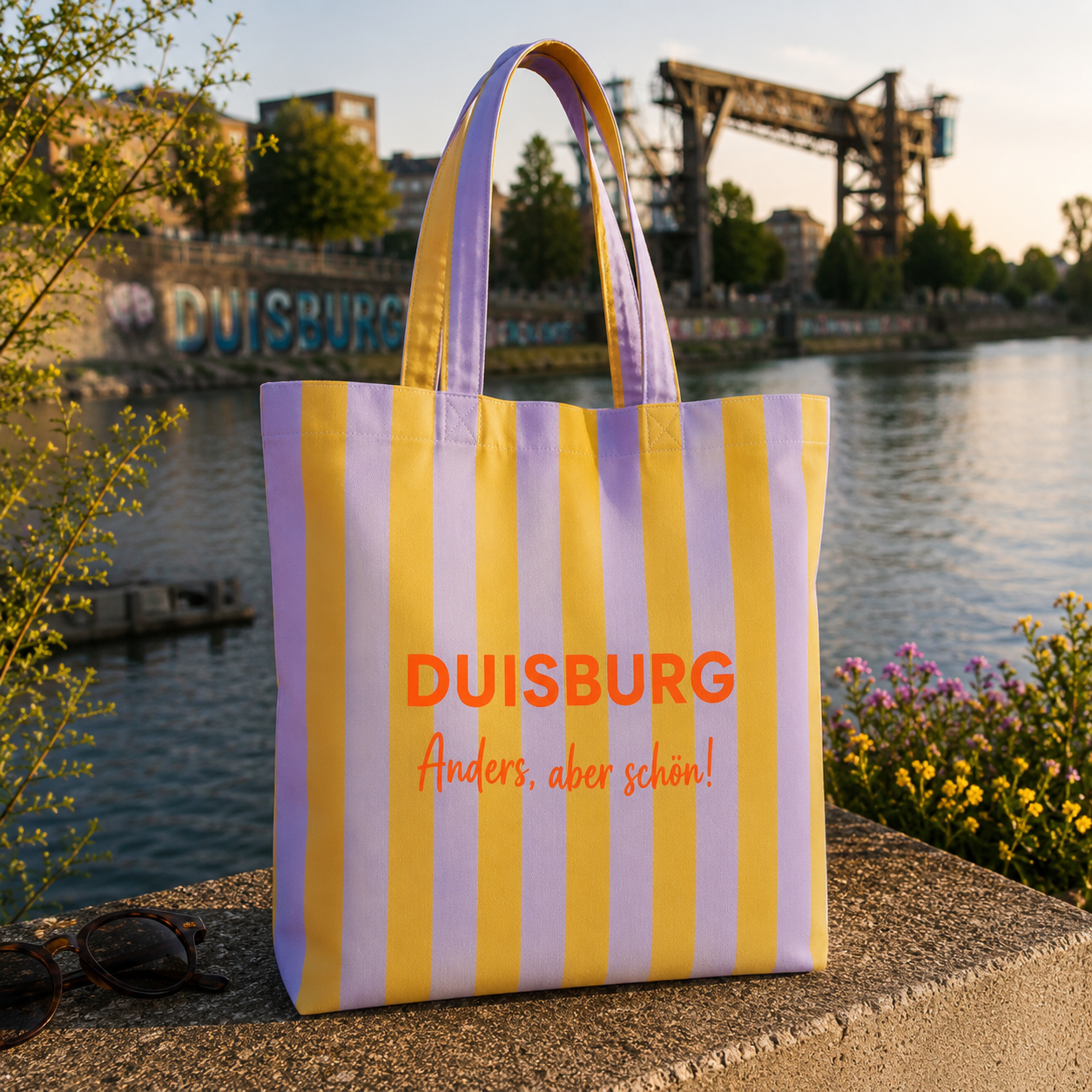 Statementtasche "DUISBURG - Anders, aber schön" Flieder-Senf-gestreift mit Print (in Wunschfarbe)