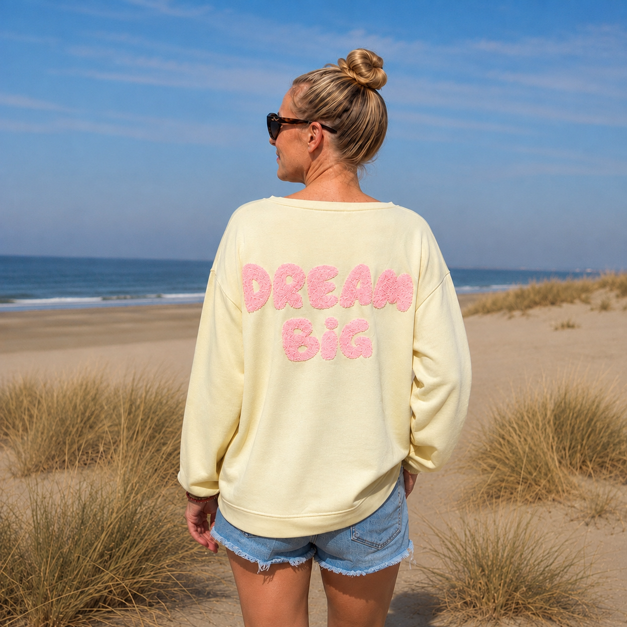 sommerlicher Sweater "DREAM BIG" Hellgelb/rosa (onesize)
