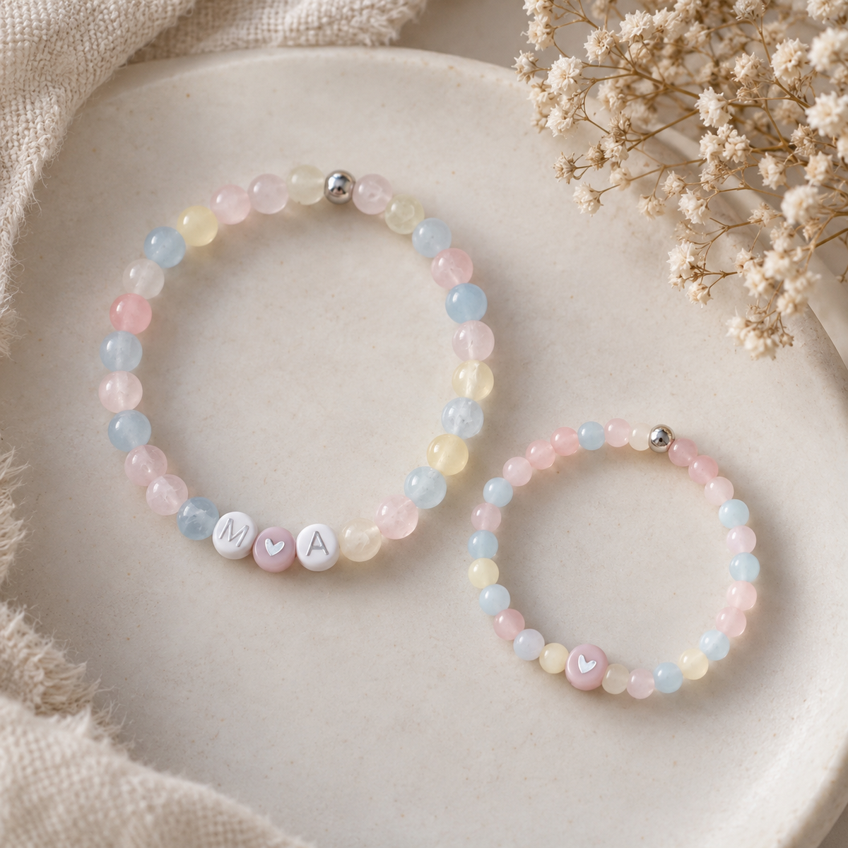 Freundschaftsarmband "mama&kind" I SET aus Natursteinperlen in Rosa-Blau I Gold oder Silber (Kopie)