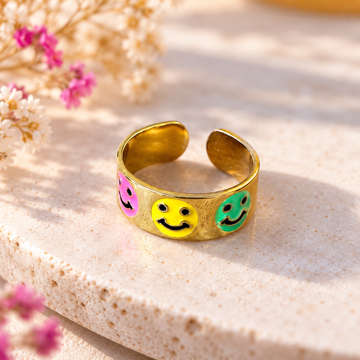 Ring "good vibes" I Gold I mit Smilies in NEON-Farben