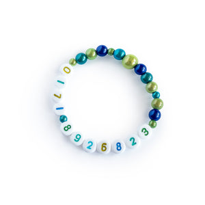 SOS-Kinderarmband "mia" aus Shiny-Pearls (mit Name oder Telefonnummer, verschiedene Varianten zur Auswahl)