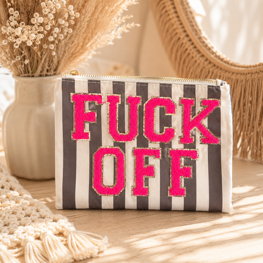 Kleines Täschchen mit Streifen und Neon-Flock FUCK OFF, tolles Geschenk und perfekt als kleine Bag-in-Bag