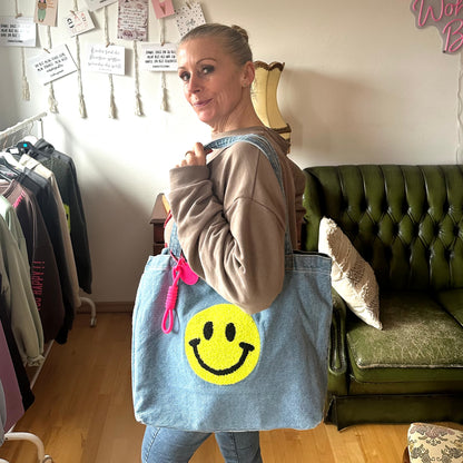 Shopper blau "GOOD VIBES" mit gelbem Neon-Smilie