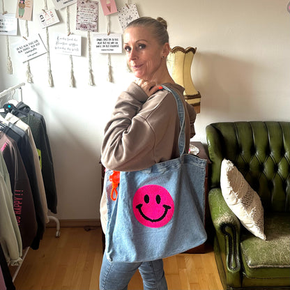 Shopper blau "GOOD VIBES" mit pinkem Neon-Smilie
