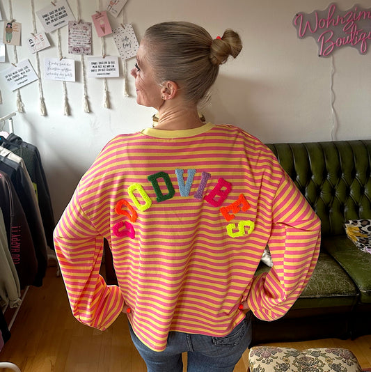 Leichter Sweater "GOOD VIBES" gelb-rosa