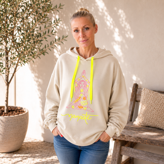 Hoodie "Namaste" in beige mit NEON-Stickerei
