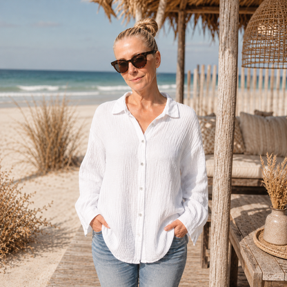Musselinbluse mit Neon-Stick "good things ahead" (oneSize)