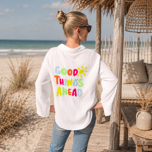Musselinbluse mit Neon-Stick "good things ahead" (oneSize)