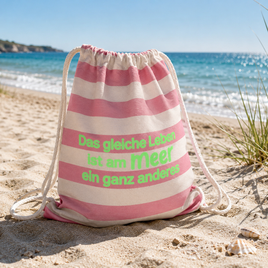 Streifen-Rucksack "LEBEN AM MEER" (Spruch in deiner Wunschfarbe)