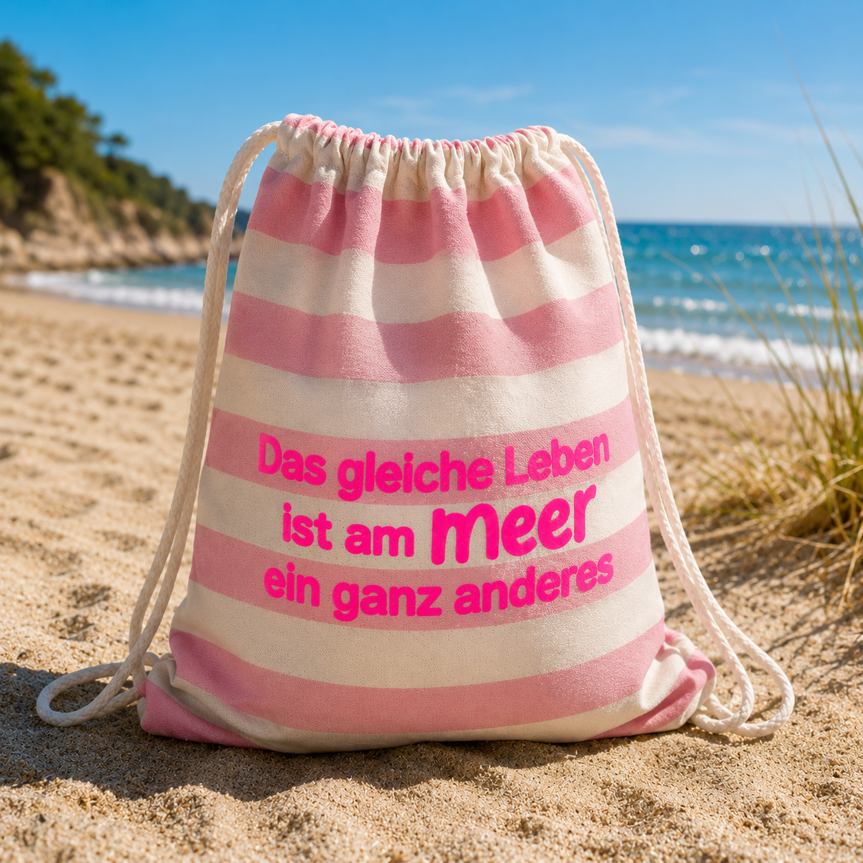 Streifen-Rucksack "LEBEN AM MEER" (Spruch in deiner Wunschfarbe)