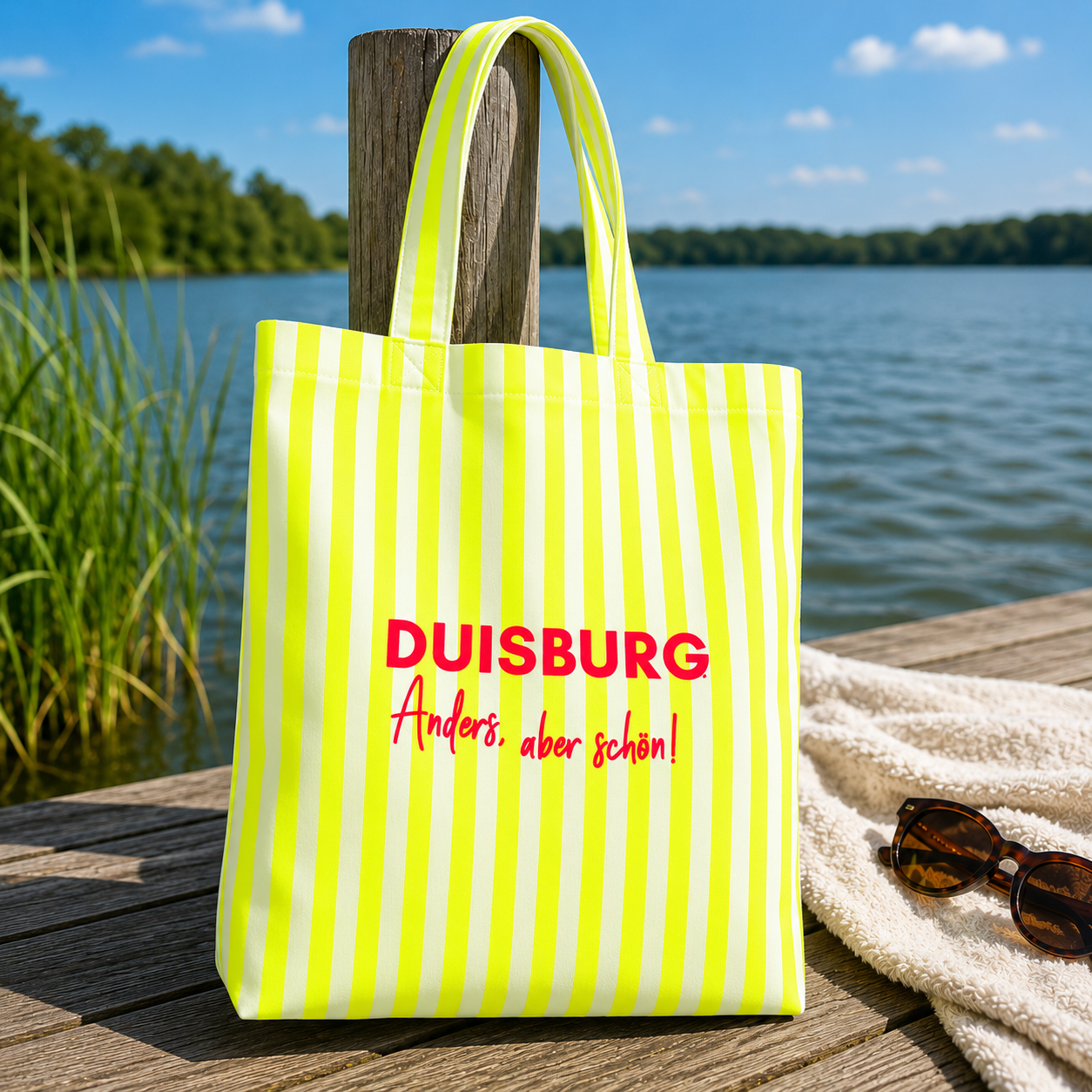 Statementtasche "DUISBURG - Anders, aber schön" Neongelb-gestreift mit Print (in Wunschfarbe)