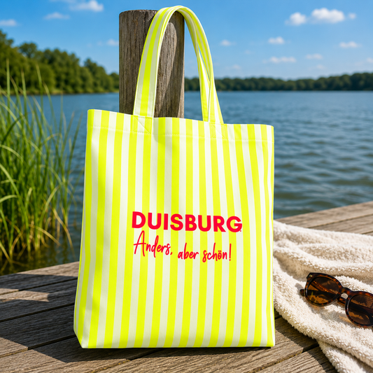 Statementtasche "DUISBURG - Anders, aber schön" Neongelb-gestreift mit Print (in Wunschfarbe)