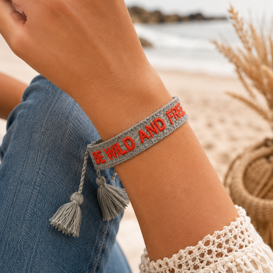 Graues, verstellbares Boho-Armband ‚Be wild and free‘  sommerlicher Boho-Look