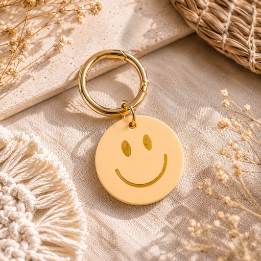 runder Smilie-schlüsselanhänger in pastell gelb und goldfarbenem Ring. Perfekt als Geschenkidee.