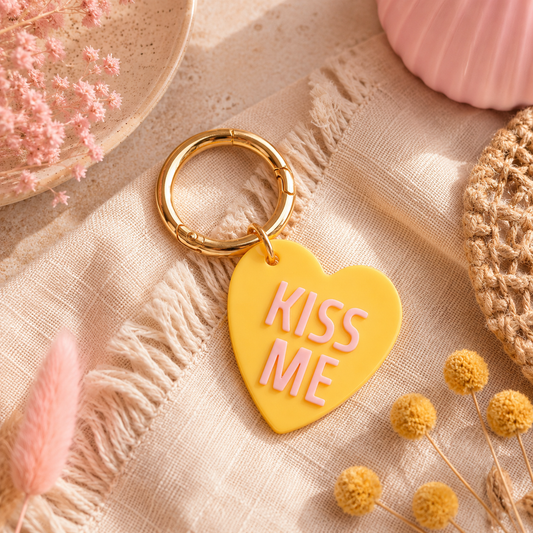 gelber schlüsselanhänger in Herzform und mit KISS ME Schriftzug in rosa. Perfekt als Geschenkidee.