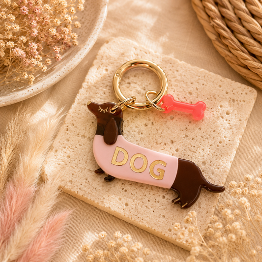 Dackel schlüsselanhänger mit DOG Schriftzug in Gold. Perfekt als Geschenkidee.