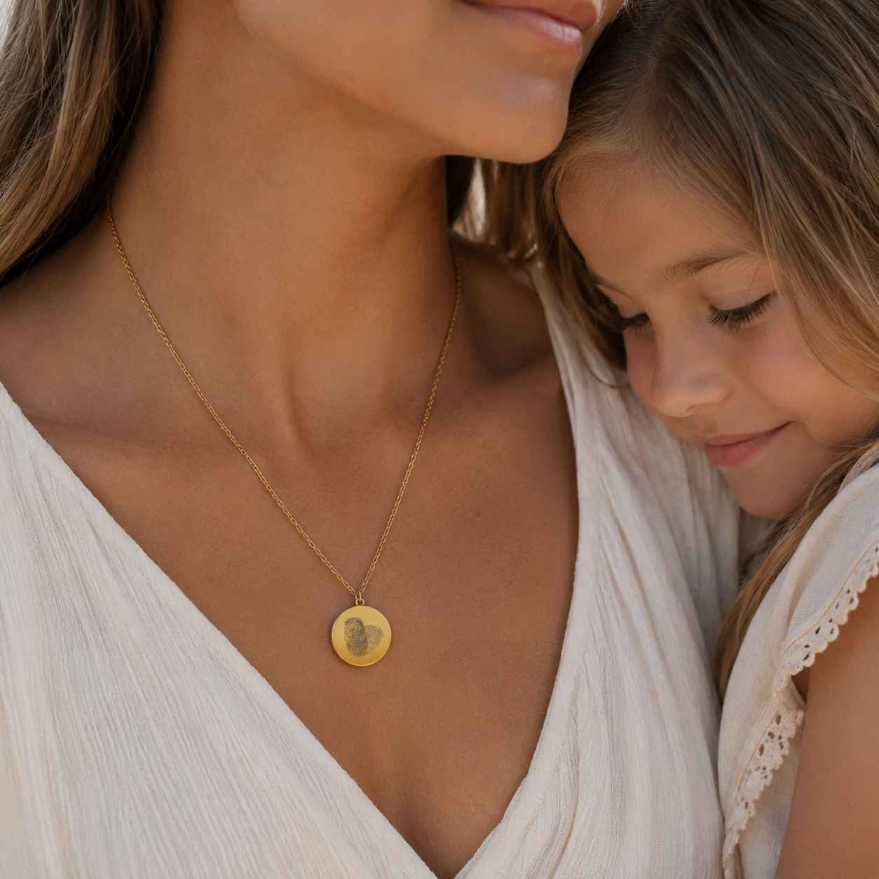 Goldfarbene Halskette mit rundem Anhänger und individueller Fingerabdruck-Gravur, getragen von einer Mutter mit ihrer Tochter – personalisierte Erinnerungskette als Symbol der Verbundenheit.