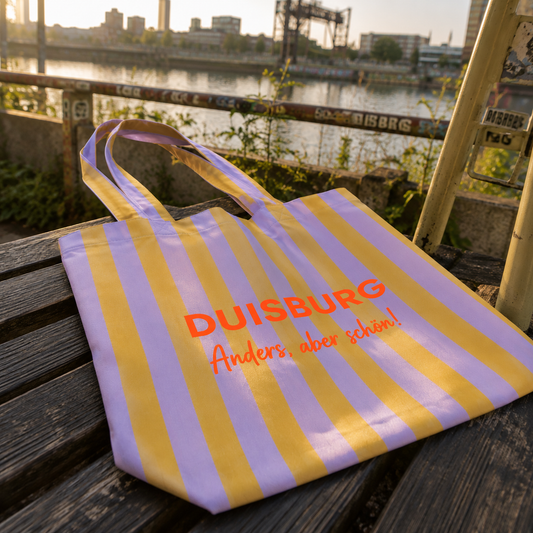 Statementtasche "DUISBURG - Anders, aber schön" Flieder-Senf-gestreift mit Print (in Wunschfarbe)