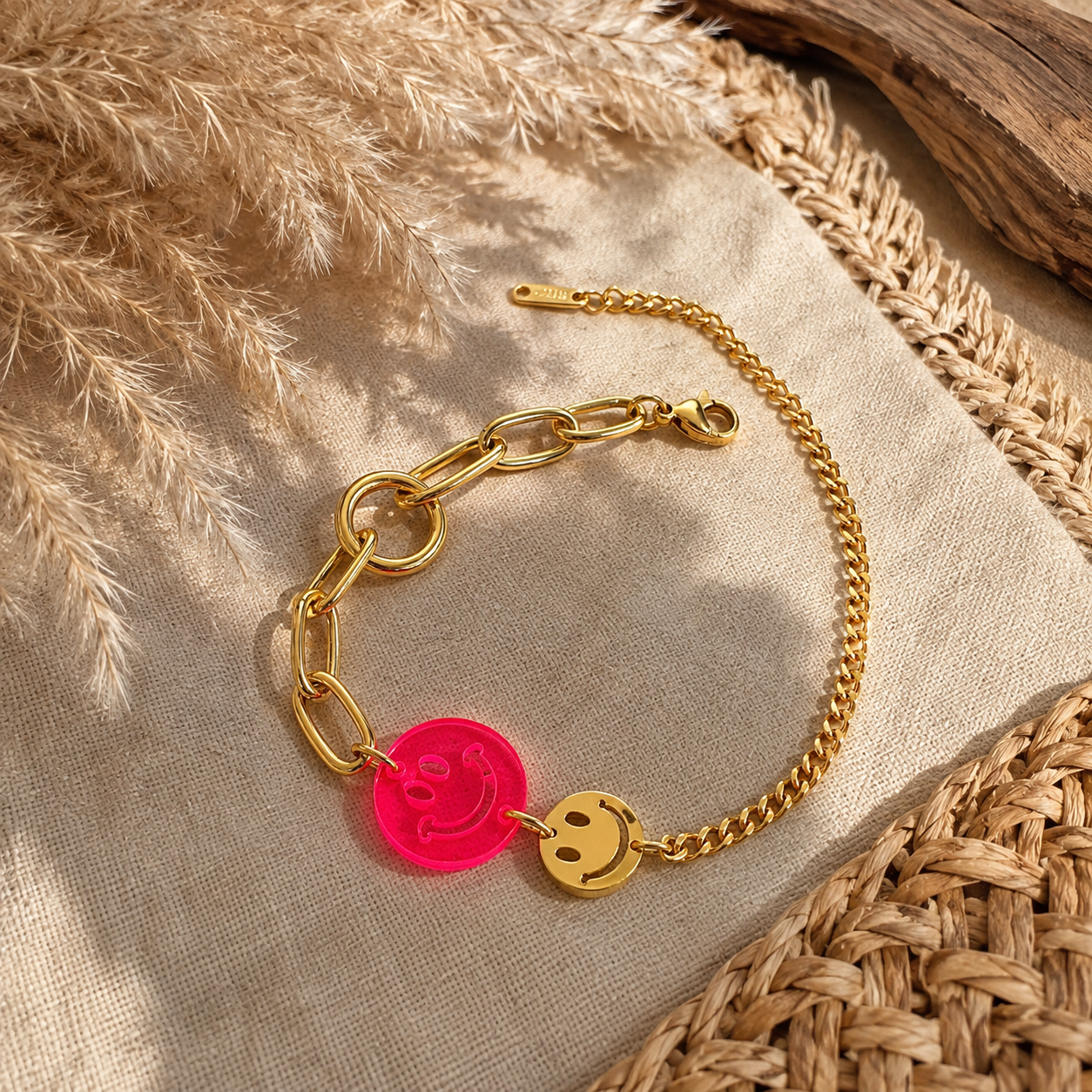 Edelstahlarmband "SMILEY" l mit pinkem NEON-Smiley l in Gold oder Silber