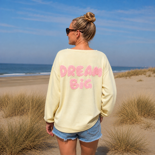 sommerlicher Sweater "DREAM BIG" Hellgelb/rosa (onesize)