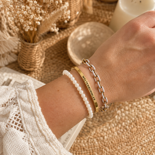 Flotter Dreier "timeless touch" (aus Edelstahl in Gold, mit Wunschgravur)