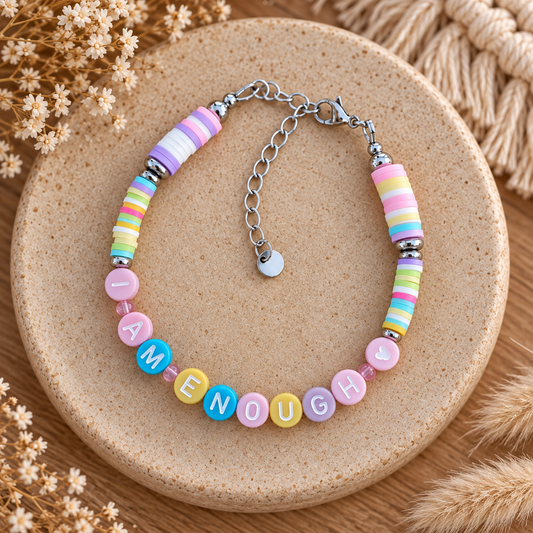 Buntes Perlenarmband in Pastelltönen und mit Karabinerverschluss. Hochwertig und wasserfest. Mit dem Text I am enough.