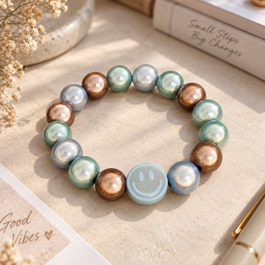 Armband mit reflektierenden 3D Perlen und einem Smiley in blau-grau Tönen.