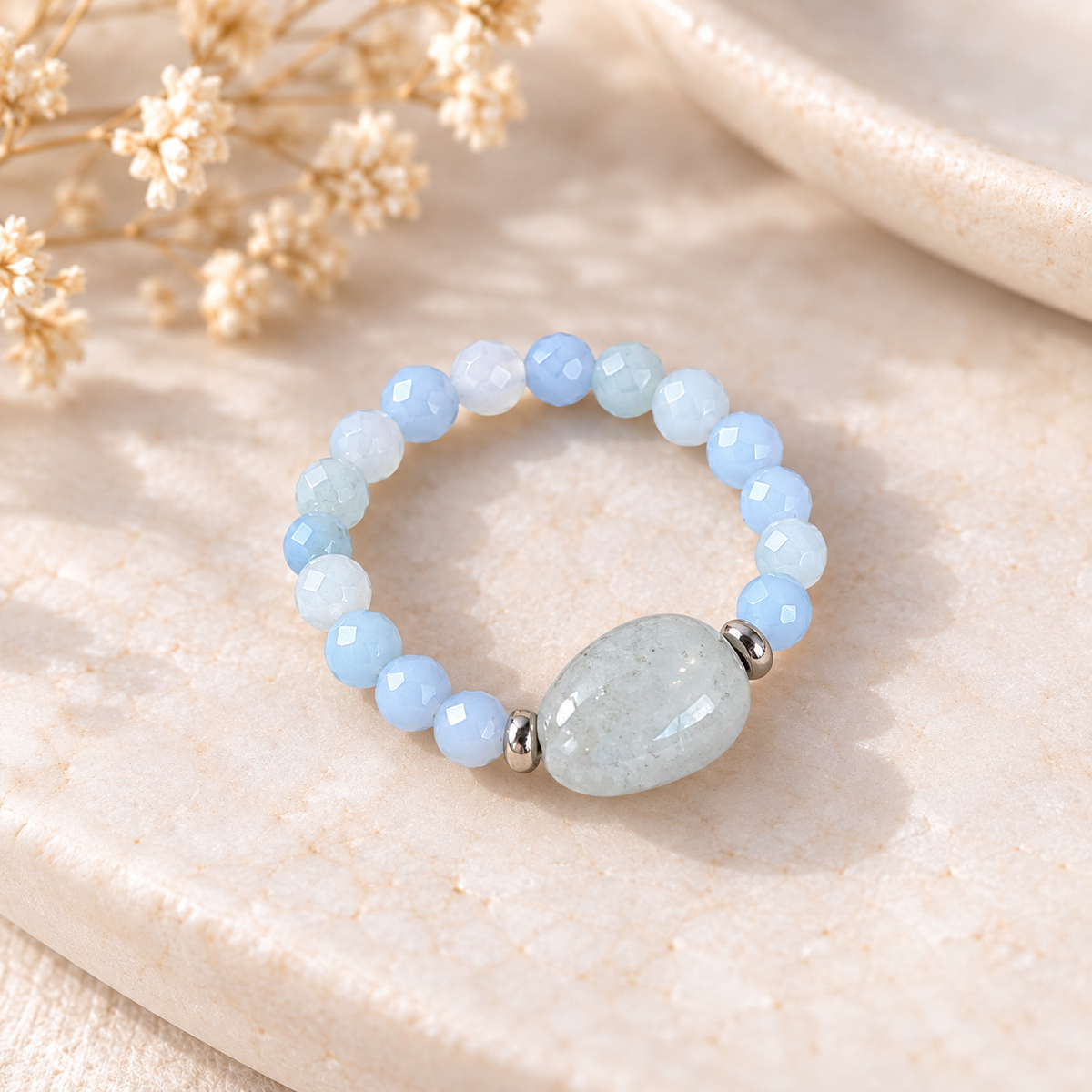 elastischer Ring "AQUAMARIN" I Aquamarinperlen I mit Edelstahl in Gold oder Silber