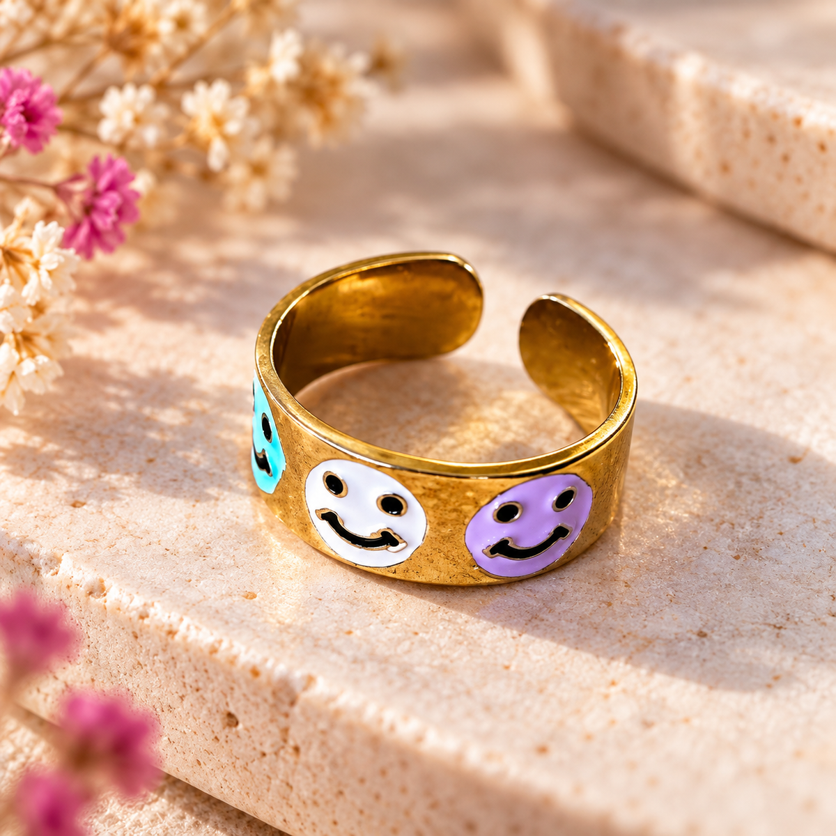 Ring "good vibes" I Gold I mit Smilies in PASTELL-Farben