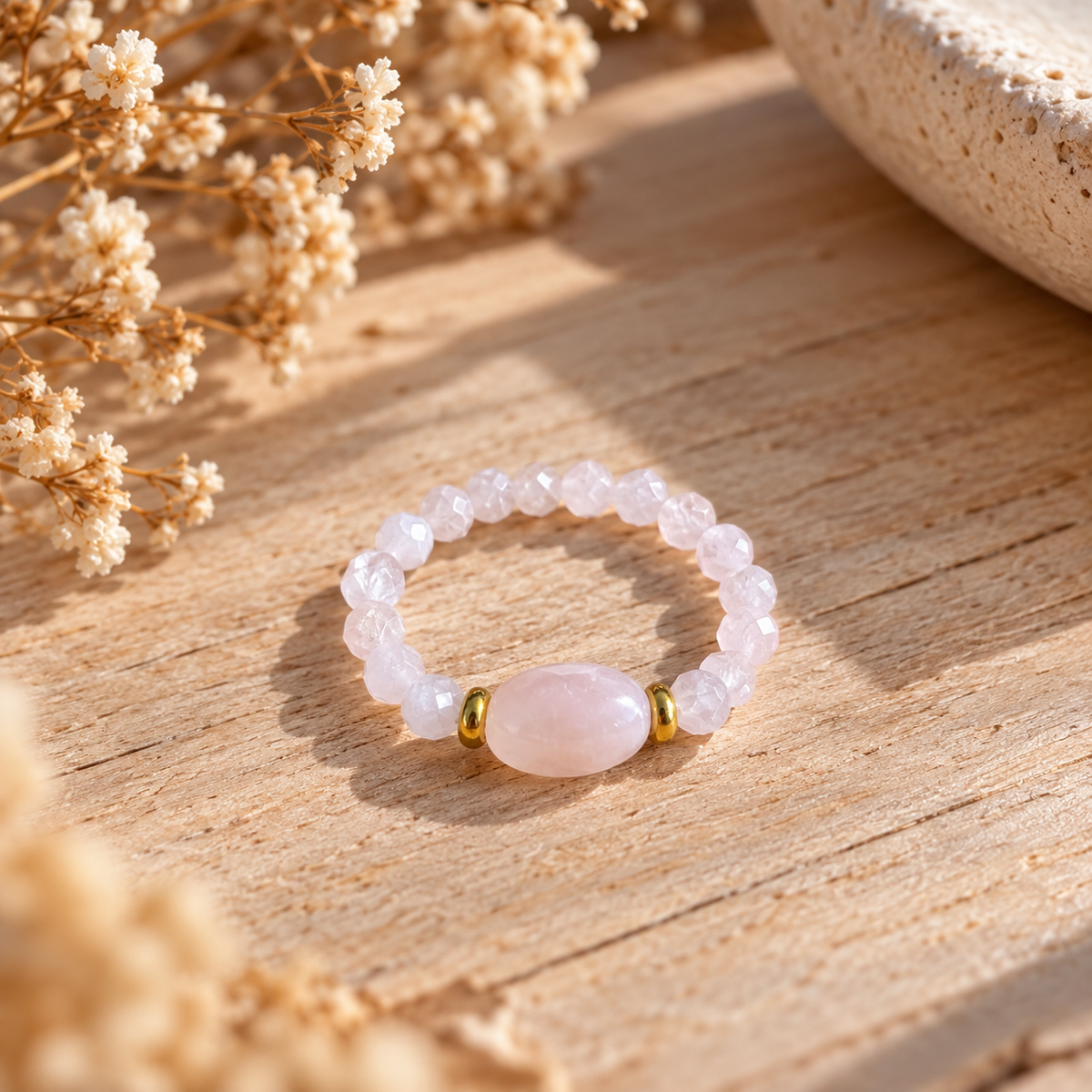 elastischer Ring "ROSEQUARZ" I Rosequarzperlen I mit Edelstahl in Gold oder Silber