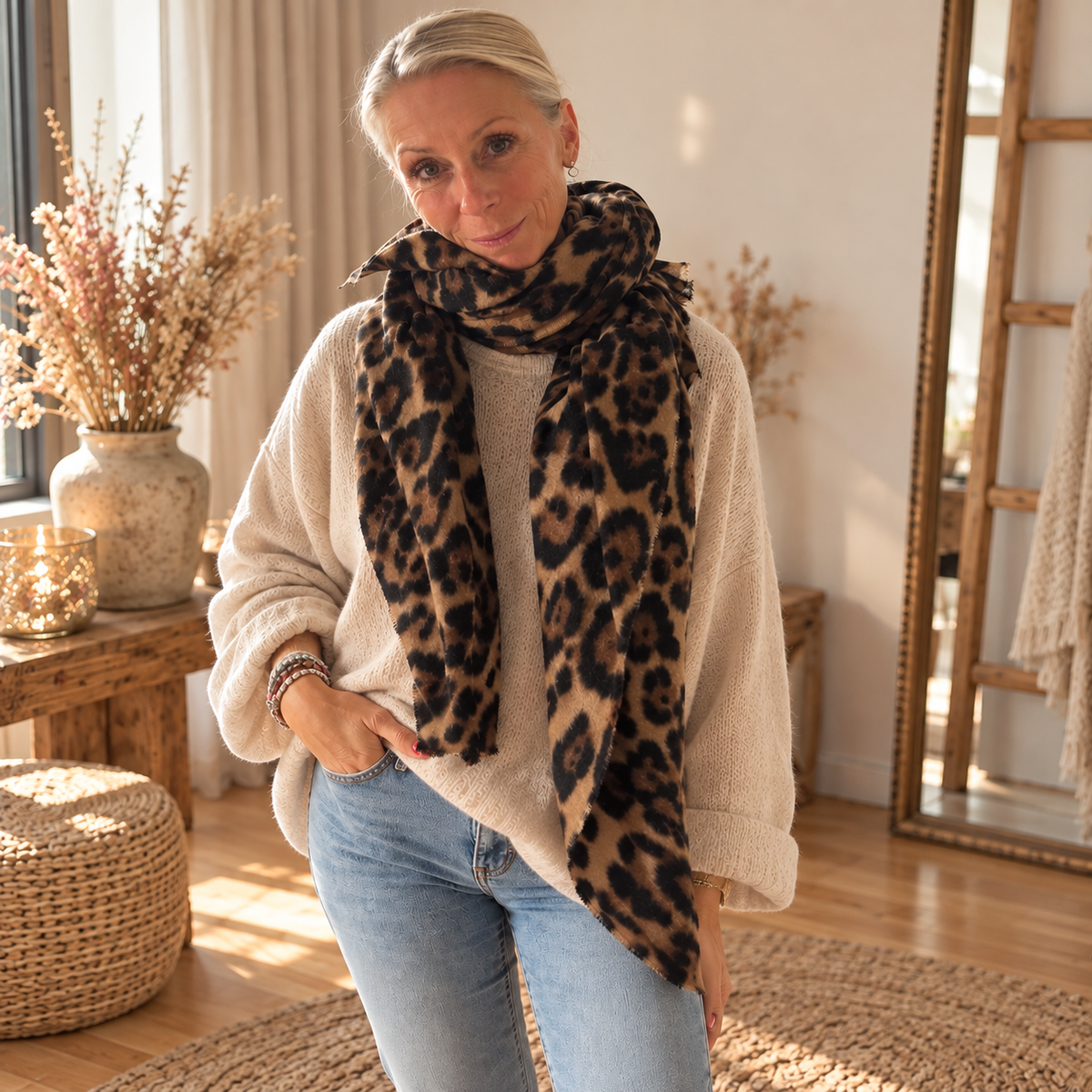 Großer, kuschelig weicher Leo-Schal mit Leopardenmuster in Braun und Schwarz aus 100 % Viskose, 135 × 135 cm, getragen von einem Model zu einem cremefarbenen Strickpullover im Boho-Stil.