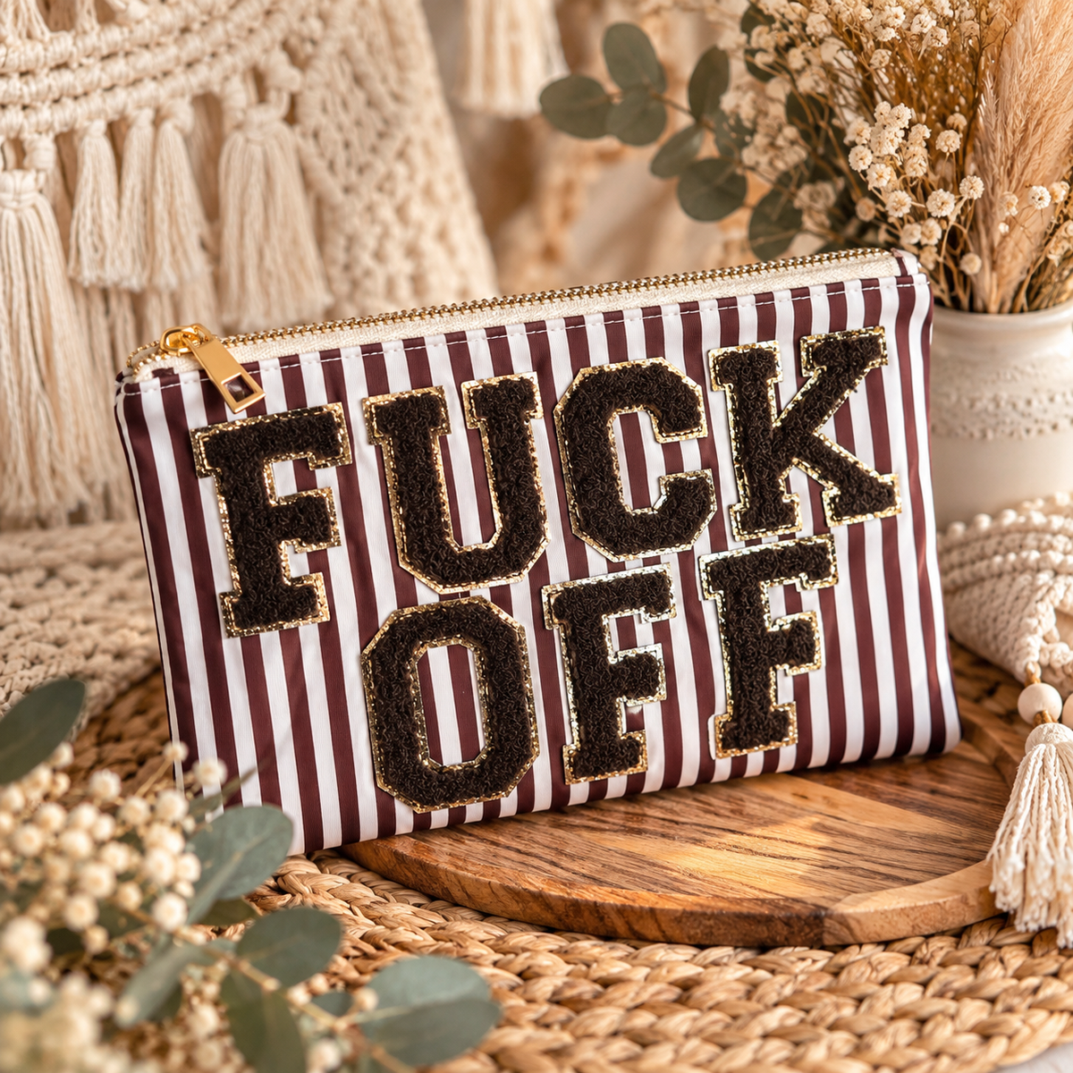 Kunterbuntes Mini-Täschchen "FUCK OFF" (Braun-gestreift)