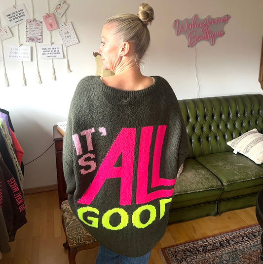 Strickpulli "IT`S ALL GOOD" in Kaki (oversize geschnitten)