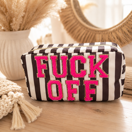 auffällige Kosmetiktasche mit Streifen und Neon-Flock FUCK OFF