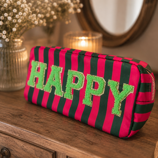 Kosmetiktasche mit Streifen und Neon-Flock HAPPY, originell und ein perfektes Geschenk