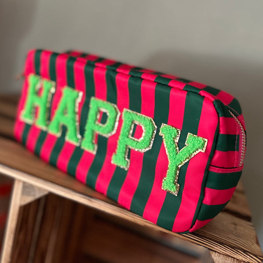 Kunterbunte Kosmetiktasche "HAPPY" (grün-pink)