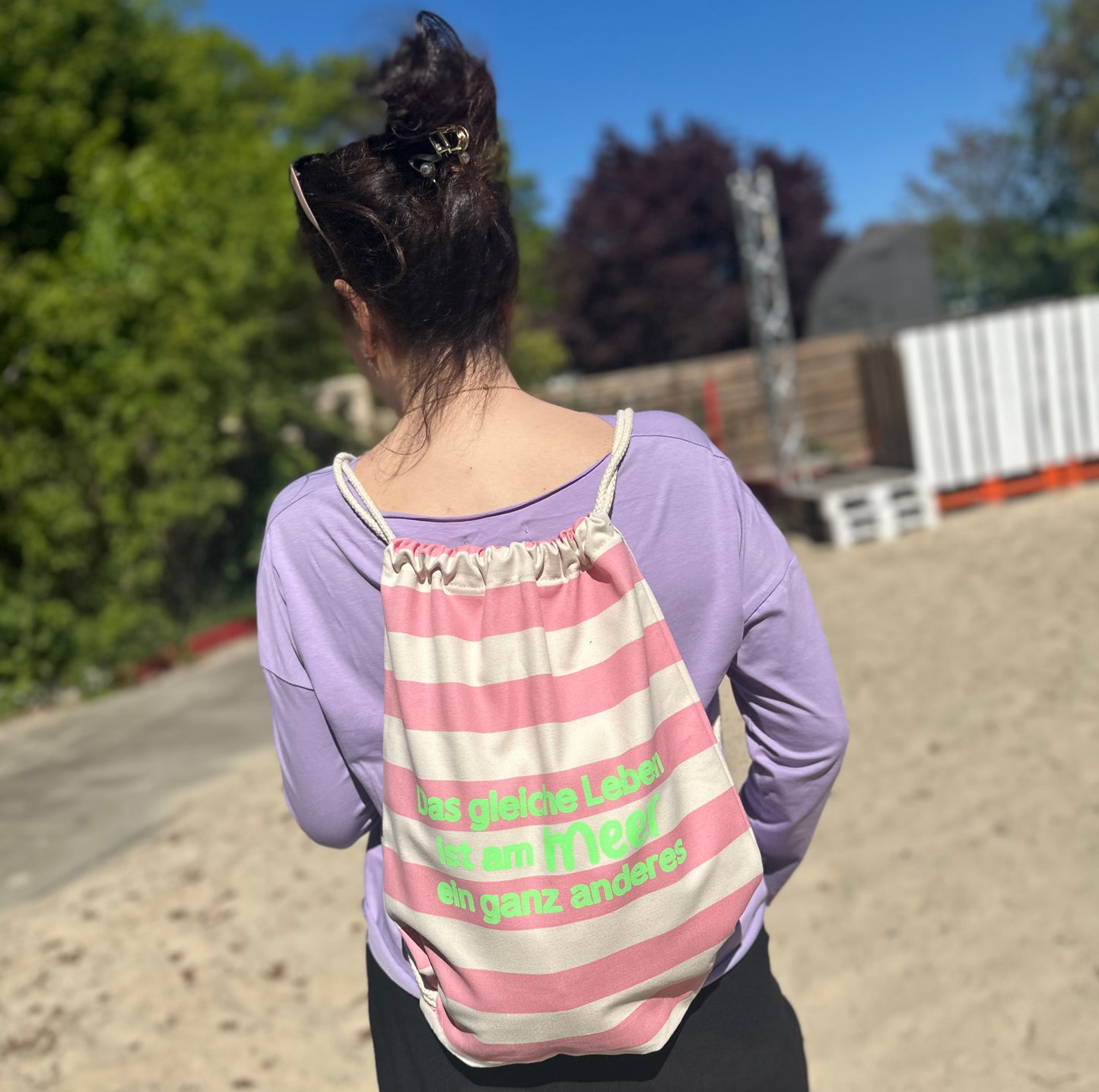 Streifen-Rucksack "LEBEN AM MEER" (Spruch in deiner Wunschfarbe)
