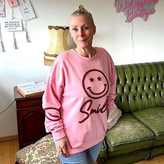 Sweater "SMILE" in rosa mit Flock in bordeaux (oversize geschnitten)