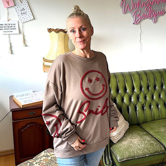 Sweater "SMILE" in braun mit Flock in bordeaux (oversize geschnitten)