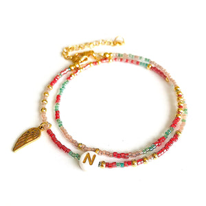 Wickelarmband "lilly" in gold oder silber (31 Perlenfarben, 36 Edelstahlanhänger + 28 Buchstabenvarianten zur Auswahl)